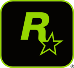 A capital "R" in green has a five-pointed, black star with a green outline appended to its lower-right end. They lay on a black square with a green outline and rounded corners.