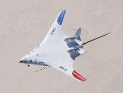 The NASA X48b aircraft pictured in flight over Andrews Air Force Base.