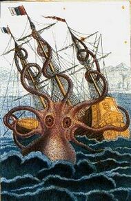 Coloured drawing of a huge octopus rising from the sea and attacking a sailing ship's three masts with its spiraling arms