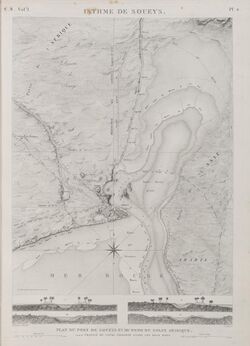 Isthme de Soueys (Isthmus of Suez). Plan du port de Soueys et du fond du Golfe Arabique. I-IV. Profils du canal projeté entre les deux mers (NYPL b14212718-1268722).jpg