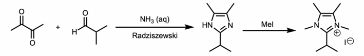 Unsaturated NHC precursor salts are synthesized through the Radziszewski reaction.