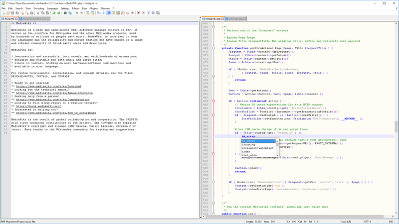 File:Notepad++ v7 on Windows 10, with MediaWiki 1.27.1 source code, with split window view and autocompletion.png