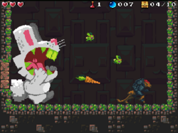 Humanoid protagonist evades giant rabbit attacks.