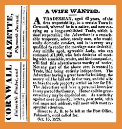 18281018 Wife Wanted - Royal Cornwall Gazette, Falmouth Packet and Plymouth Journal.jpg