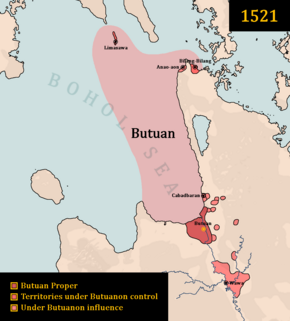 Map of the Rajahnate of Butuan in 1521, with Butuan proper (colored dark brown), its controlled territories (brown), and territories under its influence (light brown).