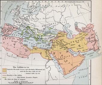 Old map of western Eurasia and northern Africa showing the expansion of the Caliphate from Arabia to cover most of the Middle East, with the Byzantine Empire outlined in green