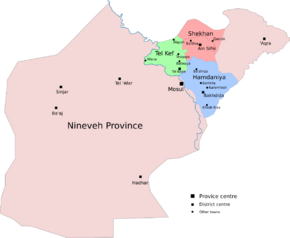 Map of the three districts which constitute Nineveh plains overlaid over the Nineveh Governorate map.