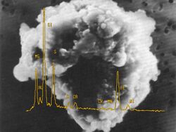 Scanning electron microscope photo of a dust particle collected by NASA in the stratosphere together with its Energy-dispersive X-ray spectrum.jpg