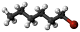 Ball and stick model of 1-bromohexane