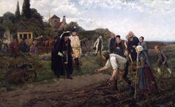 Painting of Frederick on a farm with peasants