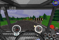 Bigfoot attempts a left turn in a circuit race, as visible in its cockpit. Road signs and haystacks are near the paved road, and trees and grasslands are seen against a partially cloudy sky background. A finder is directing the truck towards the fourth checkpoint, and text in the top-left quarter of the screen has the player's time, lap and position statistics.