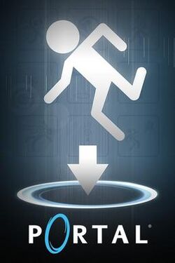 A white stick figure (in the style of a crosswalk signal) is in a falling pose. The figure is falling towards a horizontal portal with an arrow pointing down into it. The word "Portal", with the "o" replaced with a stylized blue portal, is displayed underneath this.