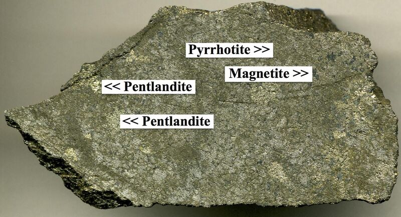 File:Pyrrhotite with pentlandite (late Paleoproterozoic, 1.85 Ga; 800 Orebody, South Mine, Sudbury Impact Crater, southeastern Ontario, Canada) 2 (18275905364).jpg