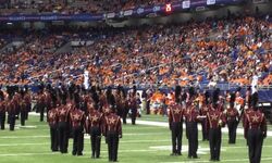 The Bobcat Marching Band performs during halftime at UTSA