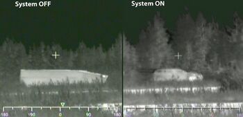Photographs of an armoured vehicle through an infra-red night sight, purportedly showing active camouflage panels in use
