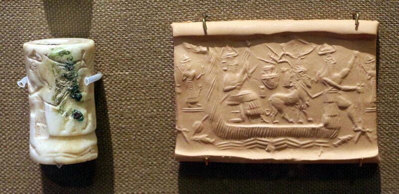 File:Periodo accadico, sigillo in conchiglia con dio a forma di barca con shamash, da tell asmar, 2350-2150 ac ca.jpg