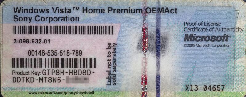 File:Proof of License Certificate of Authenticity for Windows Vista Home Premium OEM.jpg