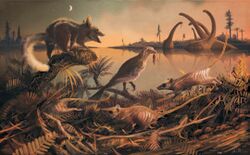 Artist's impression showing mammals at the Purbeck lagoon at dusk