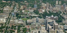 Discovery District comprising the vicinity of the University of Toronto and its research hospitals, visible from the CN Tower