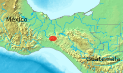 Map of southern Mexico and Guatemala showing a highlighted range (in red) covering a small area in the center of the Isthmus of Tehunatepec