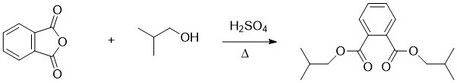 Acid catalyzed reaction scheme of isobutanol and phthalic anhydride to form diisobutyl phthalate