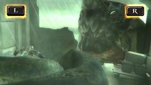 Character Kratos battles the sea monster Scylla.
