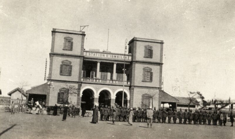 File:Ismailia Train Station, Egypt 1915. Indian troops are lined up in front of it.jpg