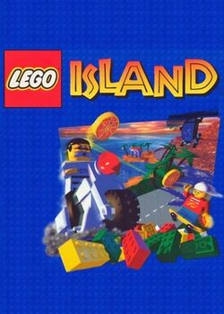An image of a tropical island featuring buildings and foliage constructed from Lego bricks, within a blue pattern frame of Lego stubs. On the right, Pepper Roni, a hat-wearing Lego minifigure on a skateboard, throws a pizza at the head of The Brickster, a Lego minifigure wearing a prison uniform and riding a Lego motorcycle, on the left. A pile of Lego bricks is displayed at the bottom of the box. The game's logo, "Lego Island", is positioned at the top, with "3D Action Adventure CD-ROM Game" in white text underneath the big mostly yellow "Island". Several company logos and included offers are listed along the sides.