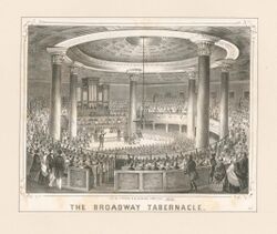 Black ink engraving on yellowed white paper of a large crowded round room with a tall dome ceiling