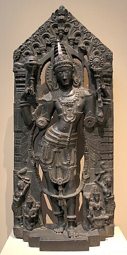 Vishnu with His Mount, Garuda, His Consort, Lakshmi, and Attendants, 12-13th century, Kakatiya period. Andhra Pradesh, Kalyani region, India.jpg
