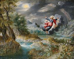painting of dark gray skies with trees and water, and a human image, flying, with arms outstretched