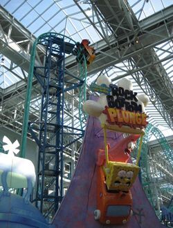 Photograph of the entrance and lift hill of the SpongeBob SquarePants Rock Bottom Plunge ride at the Mall of America.
