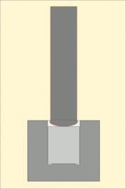 Animation showing cold extrusion of the cylinder by pressing a rounded end cylindrical mandrel into the billet, with the aluminium extruding between the sides of the die and the mandrel to form a blind tube