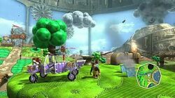 The player characters, Banjo and Kazooie, stand in the midst of an artificial-looking plain. On their left is a purple car-like vehicle made from blocks. The bottom right corner has a minimap showing the player's location in the world.