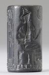 Ancient Persian cylinder seal dating to between 550 and 330 BC, depicting an unidentified king wearing the horned crown, Enlil's primary symbol