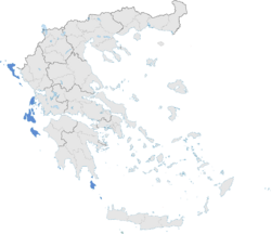 A map of Greece with the Ionian islands highlighted