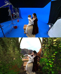 Two images displaying the game's characters. The top image shows the actors in front of blue screens, while the bottom image shows the same actors in front of computer-generated scenes.