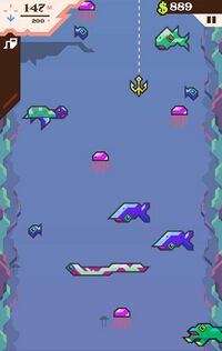 Yellow hook-shaped trident hangs from a dotted line one-third down the screen, surrounded by a blue-indigo sea with small blue fish, pink jellyfish, and bigger green fish all facing left or right at different depths, appearing to swim laterally