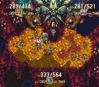 From a top-down 2D perspective, a three-person party led by a young man in sword and armour fight a rock-themed boss monster.