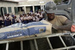 US Navy 050310-N-0411D-012 Builder Constructionman Will Robinson assigned to Naval Mobile Construction Battalion One (NMCB-1), prepares to empty a bag of cement into a cement mixer in Gonaives, Haiti.jpg