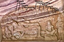 Anantashayana Vishnu with Lakshmi, his avatars above him (annotated), Badami monuments Karnataka.jpg