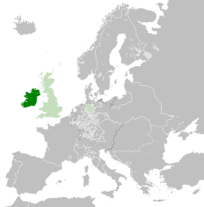 The Kingdom of Ireland in 1789; other realms in personal union are in light green