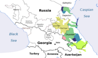 Map of Caucasus region with colored areas indicating languages spoken