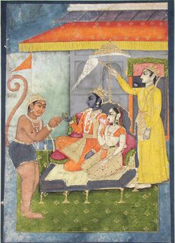 Rama and Sita enthroned, adored by Hanuman; Lakshmana holds a morchal (6125082400).jpg