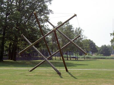 Het Ding (nl), a tensegrity sculpture whose struts and cables form the outline of Jessen's icosahedron, at the University of Twente