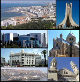 Clockwise, top left: Coast of Algiers, Maqam Echahid (Martyrs' Memorial), Basilique Notre Dame d'Afrique, Ketchaoua Mosque, Kasbah of Algiers, Algiers Central Post Office, Ministry of Finance building