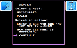 A screenshot showing white text on a black background, where one can choose the player character's mood and actions in a scene.