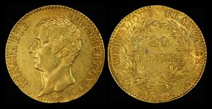A 20-franc Napoléon from the latter part of 1803, also known as An 12. N.B. the French Revolutionary calendar began in September with the Revolution and therefore each Revolutionary year falls into two Gregorian calendar years.