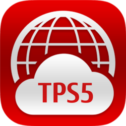 A logo consisting of a red background bearing a white wireframe globe, the bottom half of which is covered by a white cloud. The cloud bears the letters "TPS5" in red.