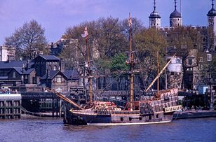 Golden Hinde moored by the Tower of London in 1974